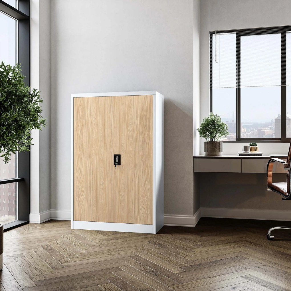 Szafa biurowa metalowa niska z 3 półkami biała/dąb sonoma, 900x1400x400 mm: KEVIN Eco Design