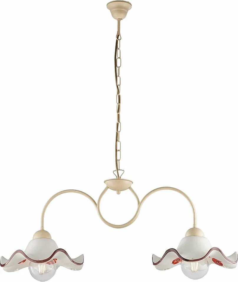 Żyrandol Anemone z lakierowanego żelaza w kolorze kości słoniowej, dekor decapé, ceramiczne dyfuzory biało-brązowe Ø30 cm, 2 światła, 81x30 cm