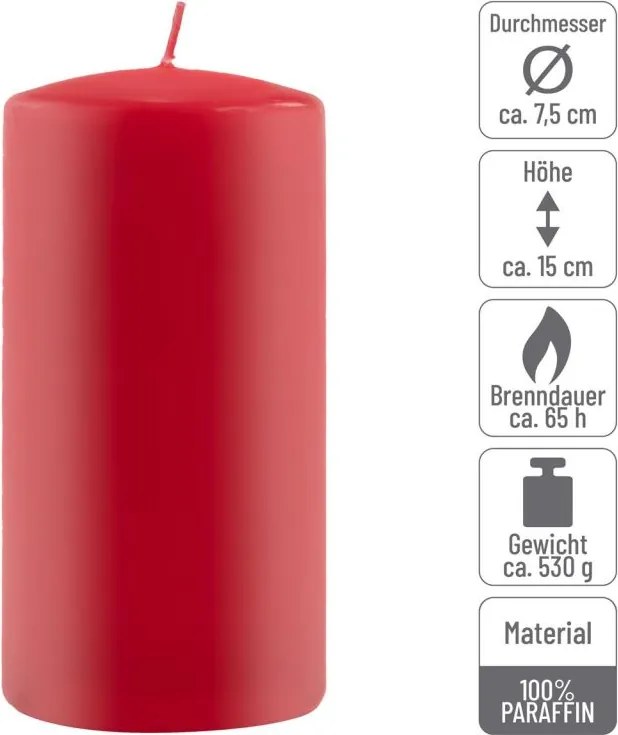 Zestaw świec słupkowych, 15 cm, Ø 7,5 cm, czerwony, 2 sztuki