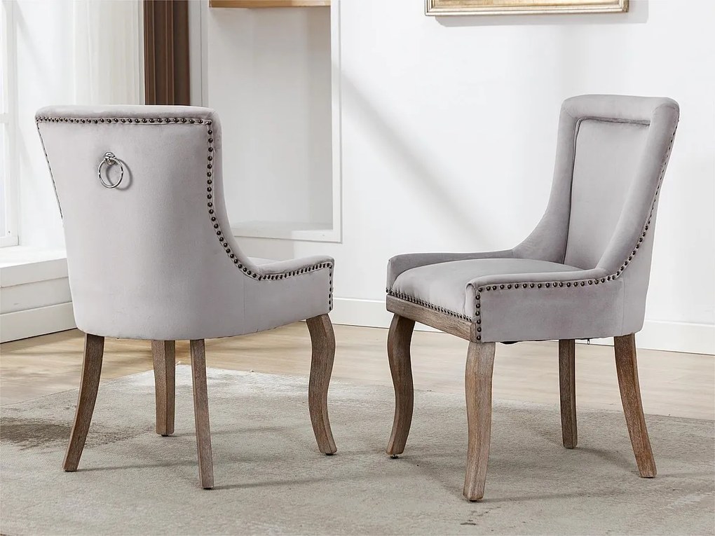 Zestaw 2 aksamitnych krzeseł - z nogami z litego drewna - szary