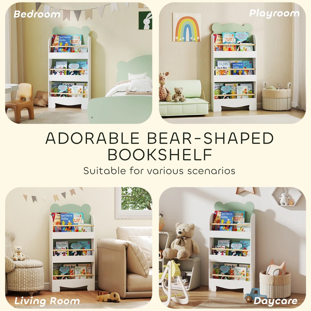 AIYAPLAY Regał na książki dla dzieci, 3-poziomowy regał z motywem misia do książek i zabawek, 55 x 15 x 110 cm, zielony | Aosom PL