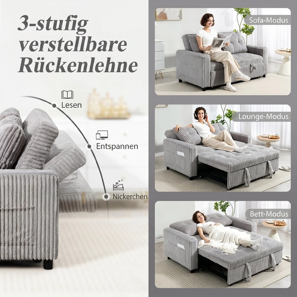 HOMCOM 2-osobowe łóżko-sofa, pokrycie sztruksowe, przekształcalne w sofę rozkładaną, 2 poduszki, kieszenie boczne, 157 x 190 cm, Jasnoszary | Aosom PL