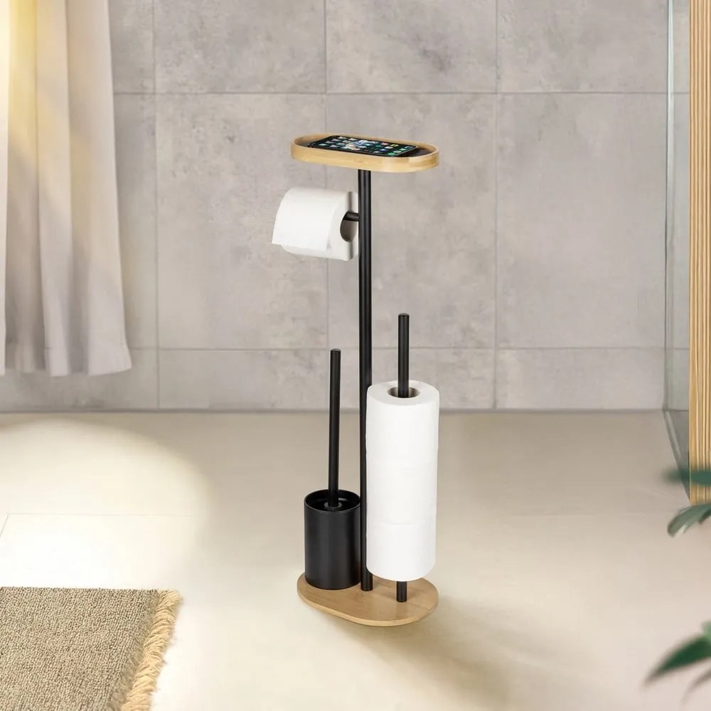 Czarno-naturalny stalowy stojak na papier toaletowy ze szczotką Pomarolo – Wenko