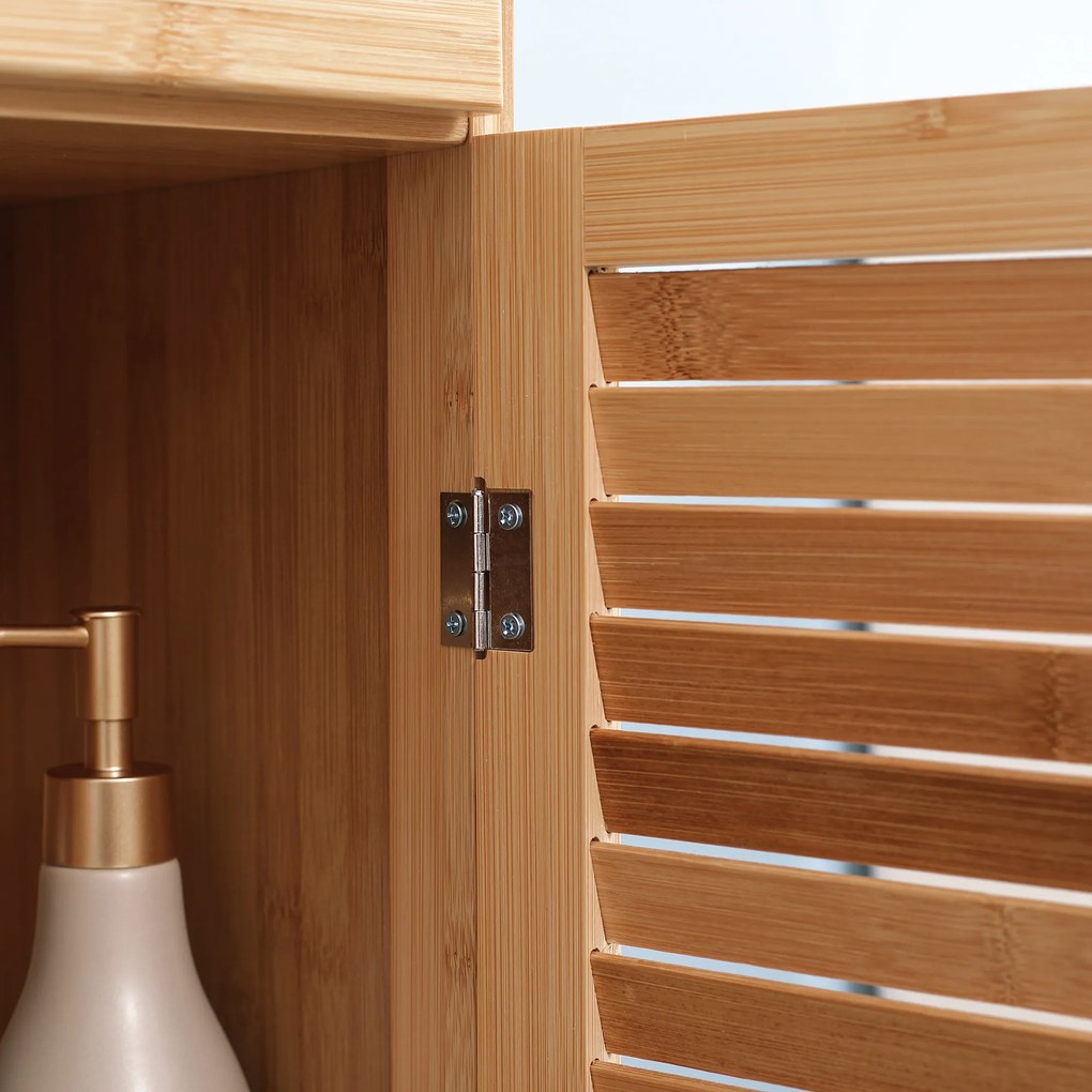 kleankin Regał łazienkowy, 3 otwarte półki, szuflada, drzwi żaluzjowe, bambus, 32 x 30 x 163 cm