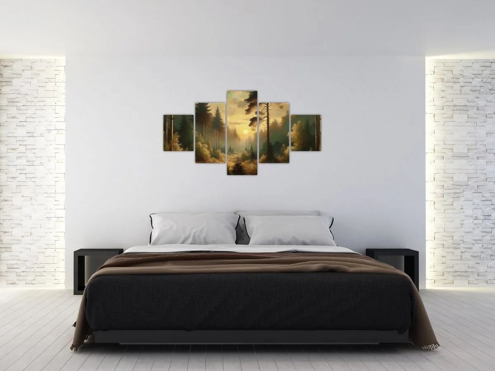 Obraz - Słońce świecące przez las (125x70 cm)