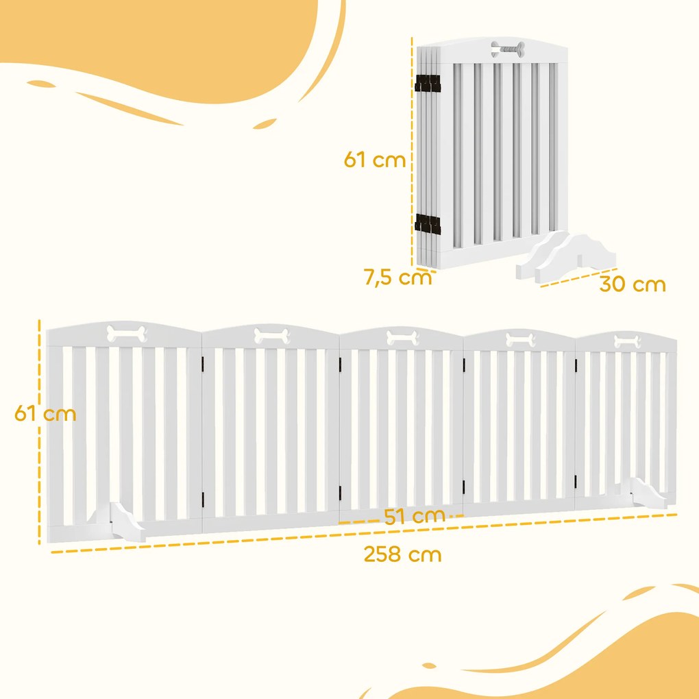 PawHut Wolnostojąca bramka dla psa z podpórkami, do framug drzwi, korytarza, schodów, 258 x 30 x 61 cm, Biała