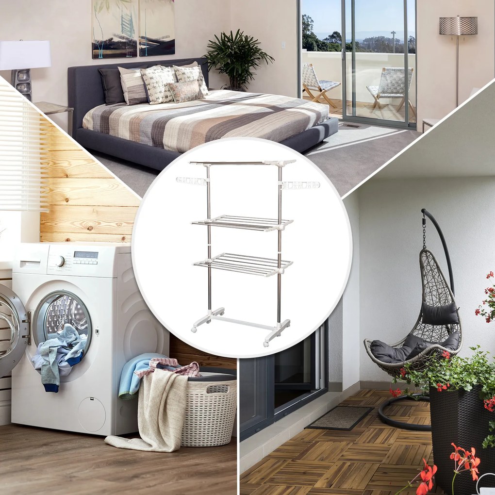 HOMCOM Suszarka na pranie składana z kółkami 3 poziomy regulowana wieszak na ubrania 80-142x55x152 cm | Aosom PL