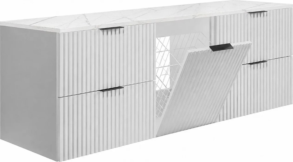 Szafka łazienkowa wisząca pod umywalkę z koszem na pranie, biały / blat marmur bianco, uchwyty czarne, 160 x 46 x 57 cm
