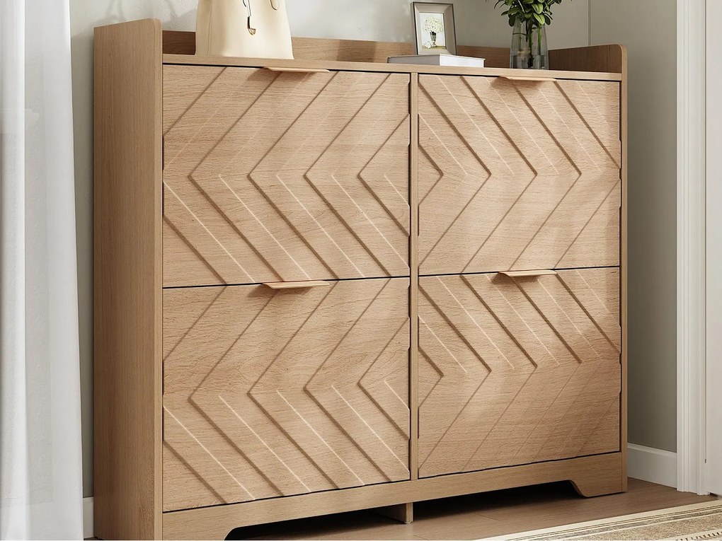 Szafa na buty 105x24x90 cm - z 4 uchylnymi półkami - teksturowane panele 3D - górna półka - MDF - Naturalny