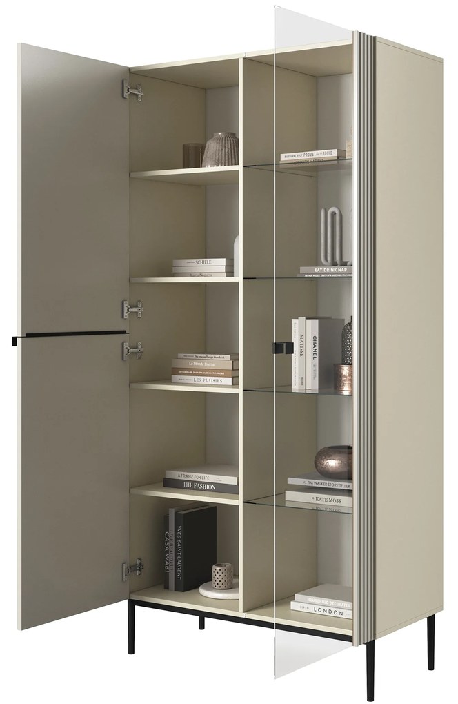 Witryna Nicole 100 cm z ryflowanym frontem - kaszmir / czarne nóżki