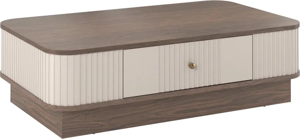 Stolik kawowy Vesper 103x60 cm z szufladą na cokole - kaszmir / orzech / złoty uchwyt