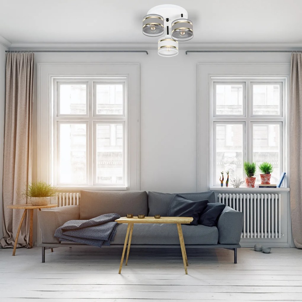 Lampa sufitowa biała trzypunktowa z szaro-białymi abażurami T-3030WE-G