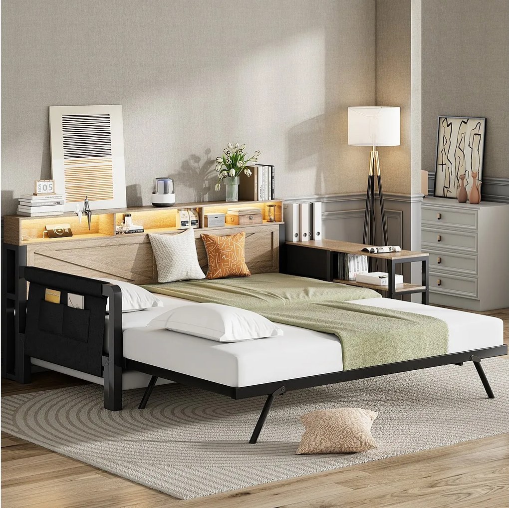 Metalowa sofa rozkładana z wysuwanym łóżkiem - 90 x 200 cm - z półką do przechowywania + 3 szuflady + diody LED + USB - MDF + metal - czarny