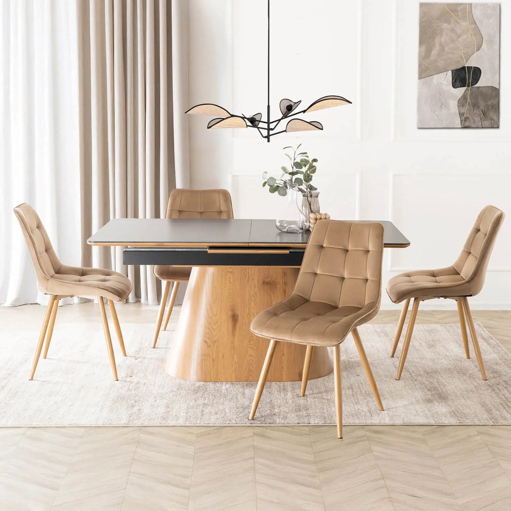 Zestaw Stół Rozkładany Ceramiczny LIZBONA 160-200 cm Czarny/Dąb i 4 Krzesła Tapicerowane RODRI Beżowe Nowoczesne