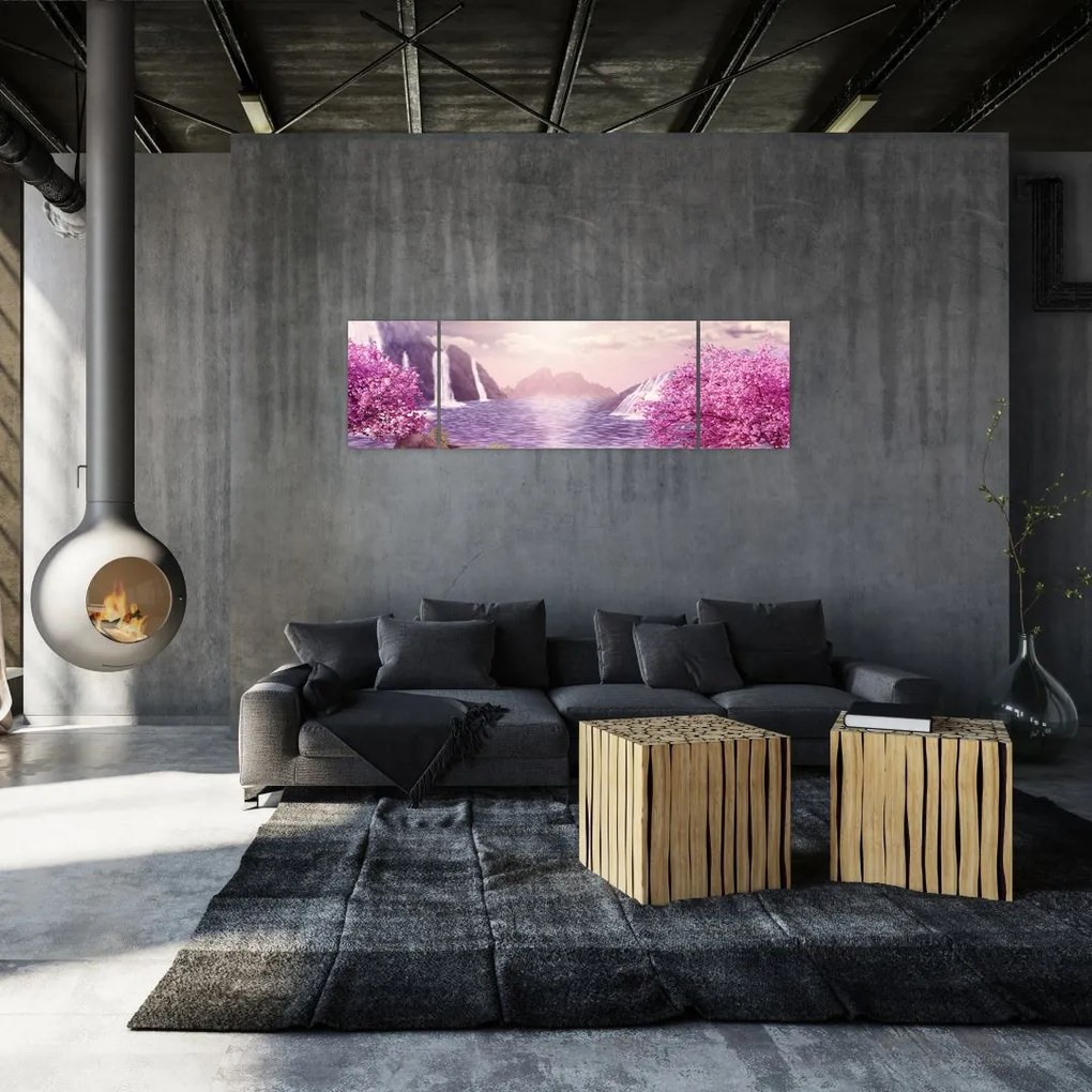 Obraz różowych drzew z jeziorem (170x50 cm)