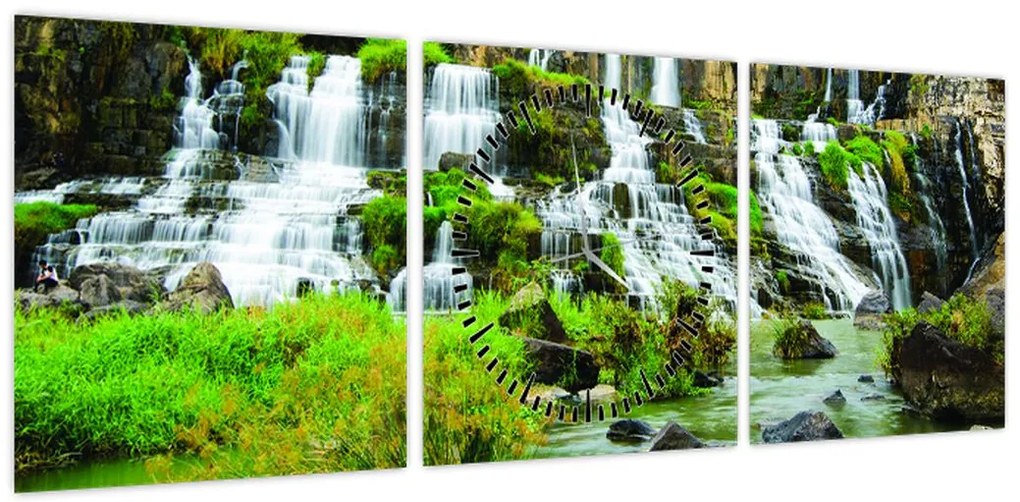 Obraz - wodospady z zielenią (z zegarem) (90x30 cm)