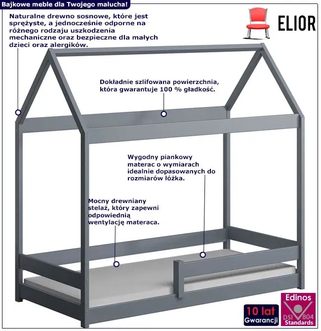 Szare łóżko domek parterowe z materacem i stelażem - Rara 180x80 cm