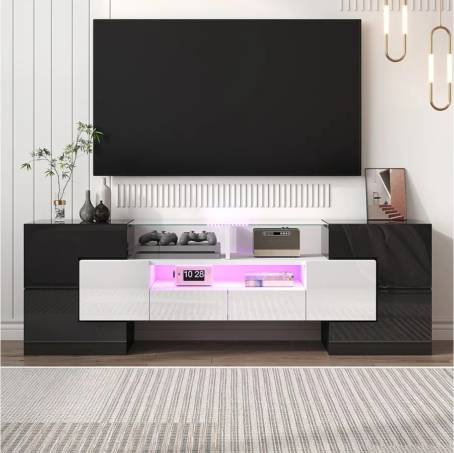 Szafka RTV z 4 drzwiami i 2 szufladami - 145 x 30 x 51 cm - LED-y - Płyta wiórowa - Biały + Czarny