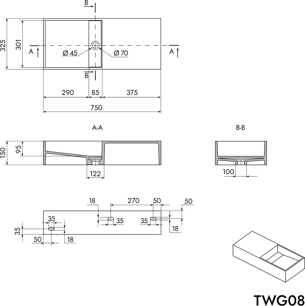 Umywalka ścienna / nablatowa TWG08