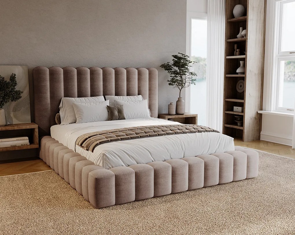 Emporius Elise łóżko z grubą pianką 180x200 - nowoczesne łóżko z pojemnikiem i stelażem, tkanina aksamitna, brązowy (Ikoo 3)