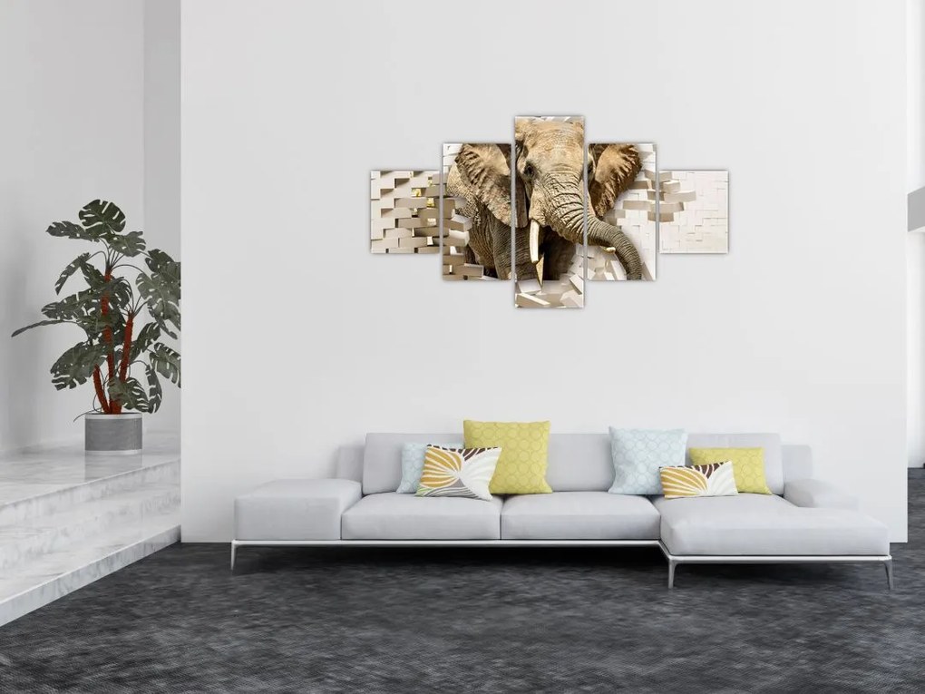 Obraz - słoń taranujący ścianę (125x70 cm)