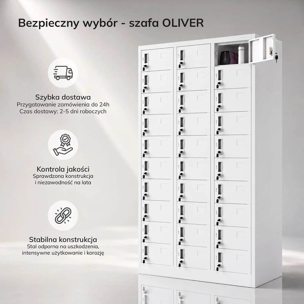 Metalowa szafa skrytkowa, depozytowa Oliver, 90x45x185 cm, kolor biały