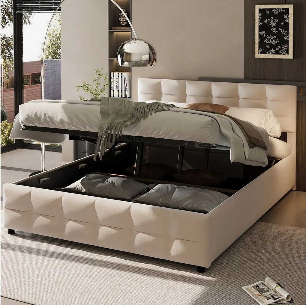 Łóżko 180x200 cm z pojemnikiem - Łóżko dla dorosłych z dnem i oparciem - beżowy aksamit - bez materaca