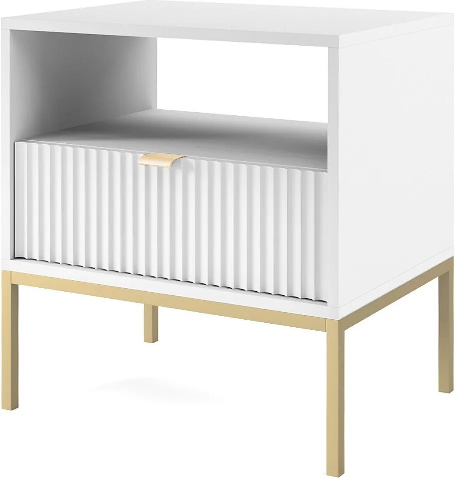 Stolik Nocny Elegancki Nova – Design z złotym uchwytem, fasada Geriffelt, praktyczny i nowoczesny, 54x56x39 cm, matowa biel, złote metalowe nogi