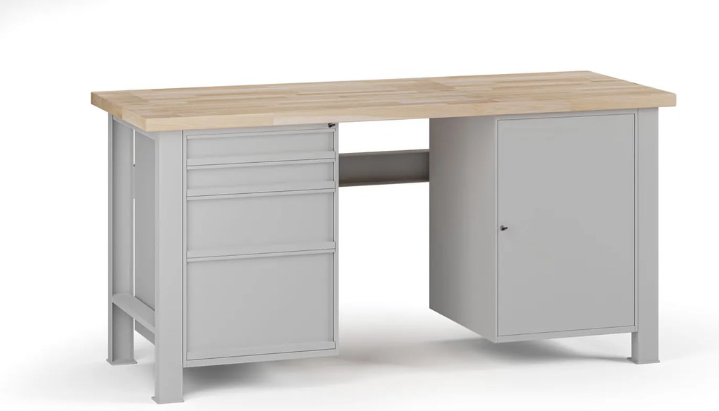 Stół warsztatowy G7, blat bukowy, 1700 x 685 x 840 mm, 1x szafka, 4x szuflada, szary