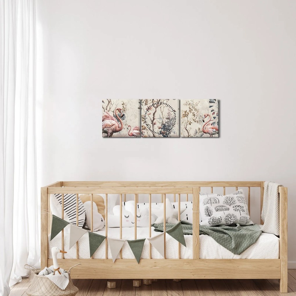 Obraz - Rysunek flamingów (z zegarem) (90x30 cm)