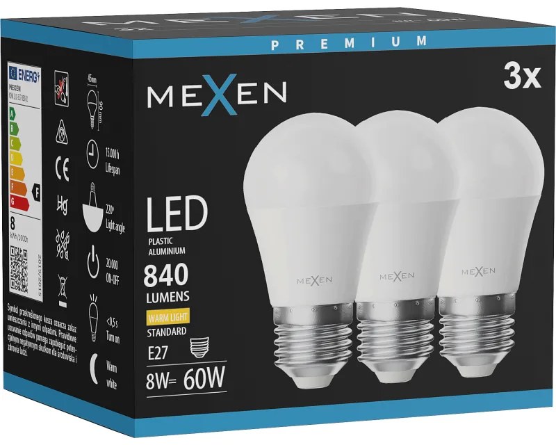 Mexen Nova 3x żarówka LED E27, G45, 8W, Ciepła - 3000K, 840 lm - L101-E27-0830-01x03