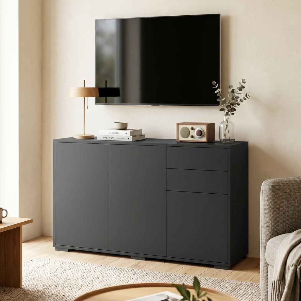 HOMCOM Sideboard Komoda, 2 szuflady, Push-Click, 117 cm x 36 cm x 74 cm, Czarny | Aosom PL