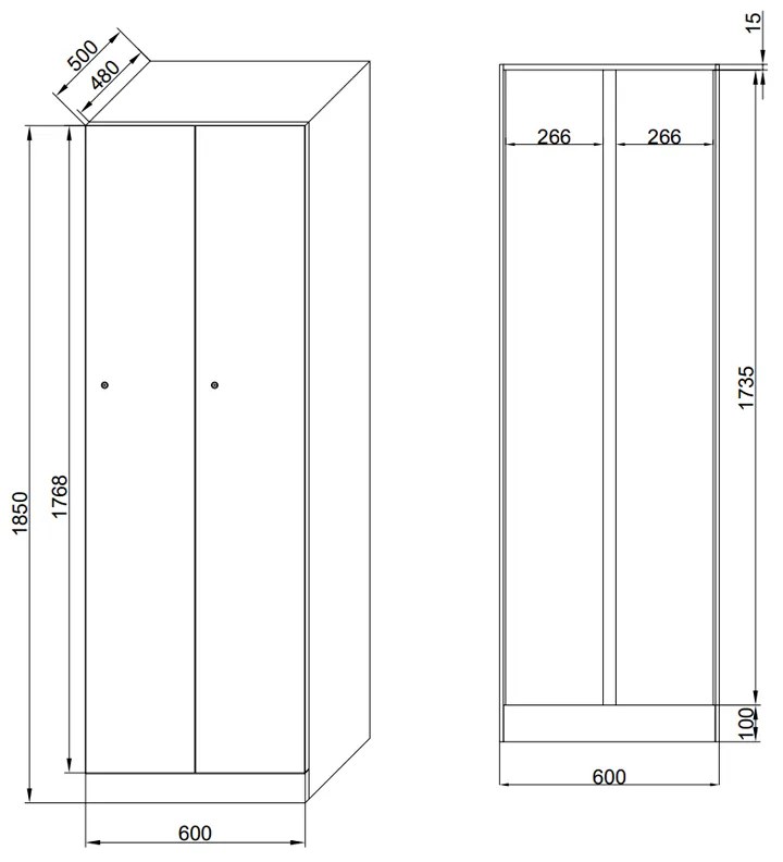 Metalowa szafka ubraniowa, 2-drzwiowa, 1850 x 600 x 500 mm, zamek kodowy, drzwi ciemnoszare