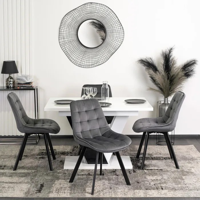 Zestaw Stół Prostokątny Rozkładany CLARK 120-160 cm Czarny/Biały Połysk i 4 Krzesła Tapicerowane do Salonu RICK Szare Welurowe