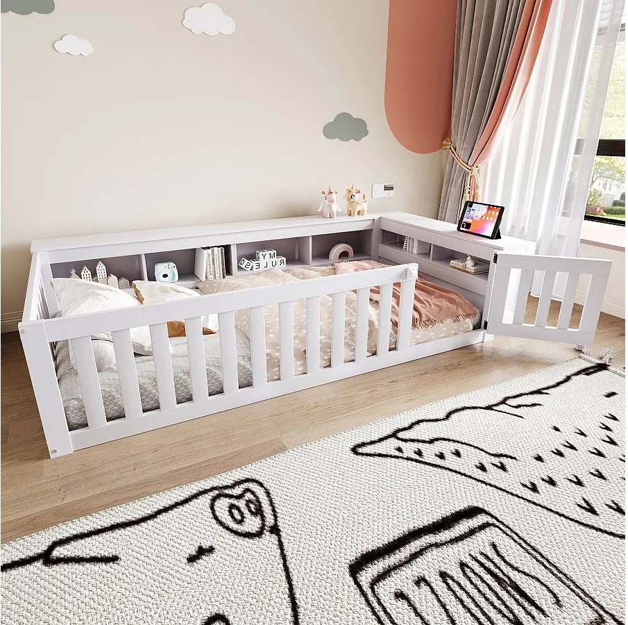 Łóżko dziecięce 90x200 cm ze schowkiem, barierkami i drzwiczkami, białe - bez materaca
