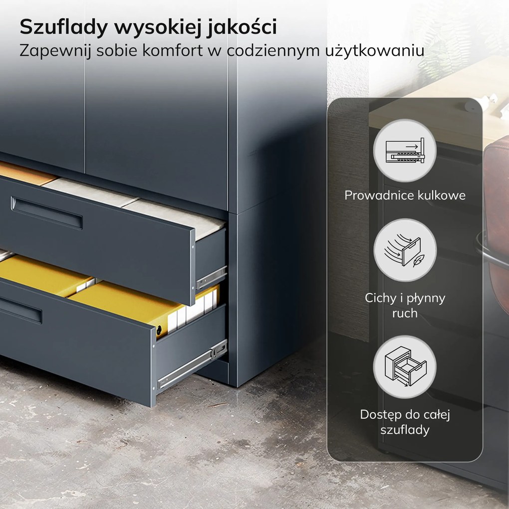 Szafa modułowa metalowa wielofunkcyjna z dwiema szufladami antracytowa MEGAN 1950 x 900 x 400 mm