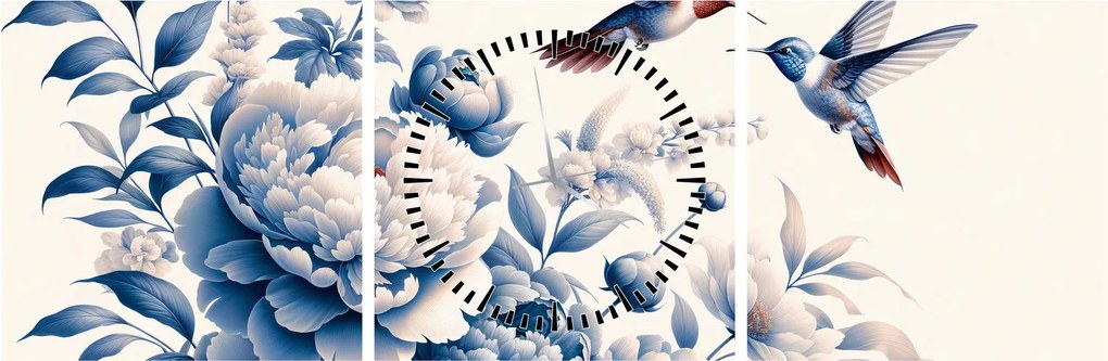 Obraz - Kolibry nad kwiatem (z zegarem) (90x30 cm)
