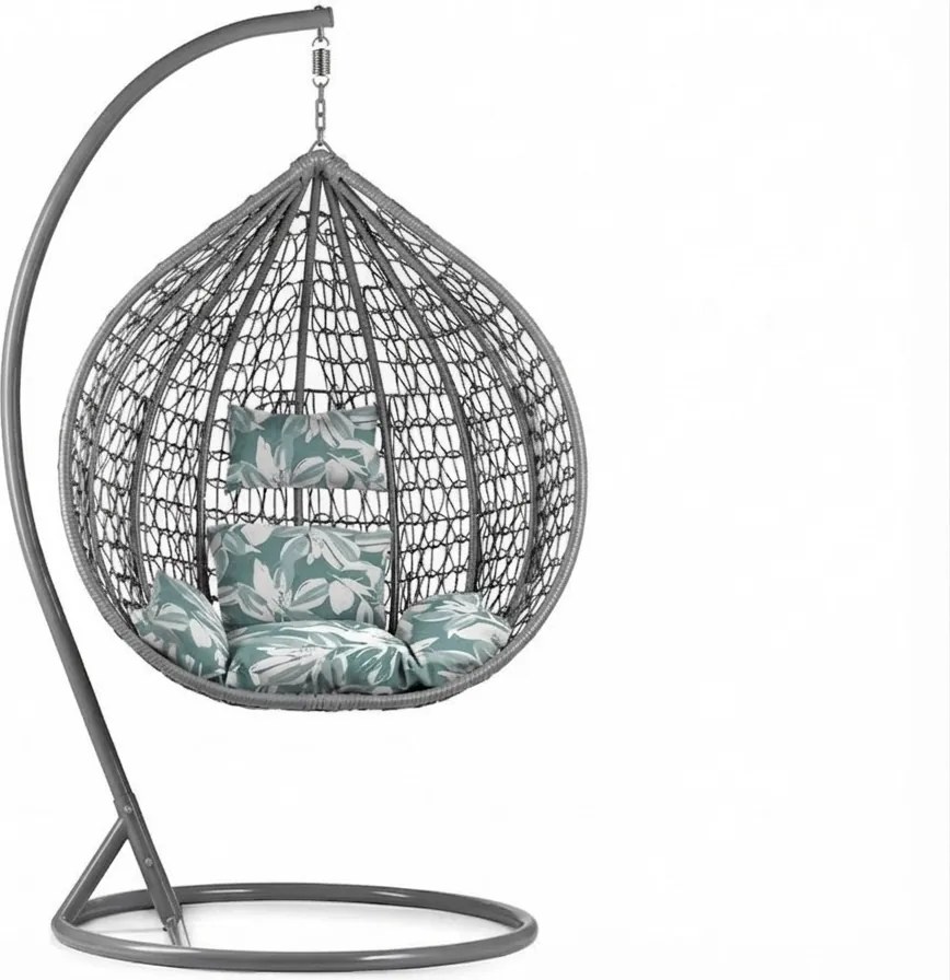 Szary wiszący fotel KOKON ze stojakiem, zielono-biała poduszka