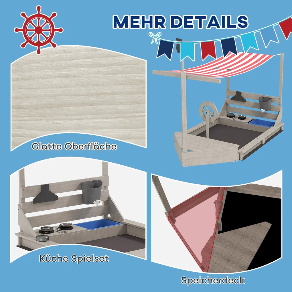 Outsunny Piaskownica Piracki Statek z Daszkiem i Zestawem Kuchennym dla Dzieci, Drewno, 180 x 103 x 144,5 cm, Szara