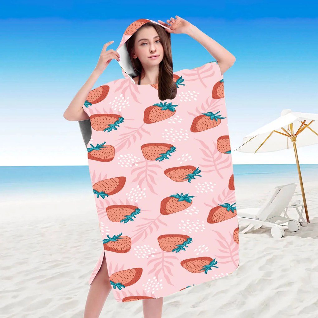 Ponczo plażowe STRAWBERRIES różowe 80x145 cm