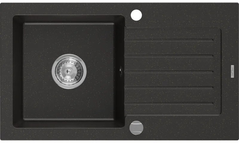 Mexen Pablo zlewozmywak granitowy 1-komorowy z ociekaczem 752 x 436 mm, czarny/złoty metalik, syfon chrom - 6510751010-75