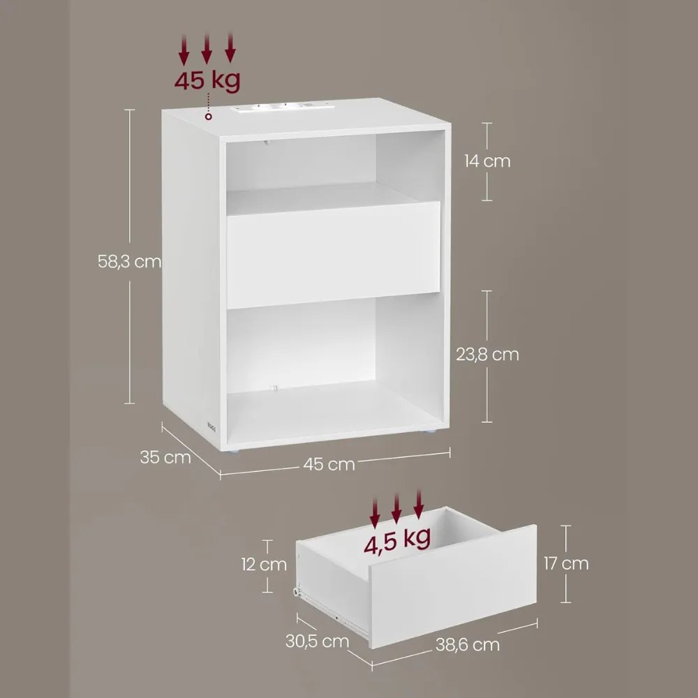 Stolik nocny LUCIANO z funkcją ładowania, 35x45x58,3 cm, biały Vasagle