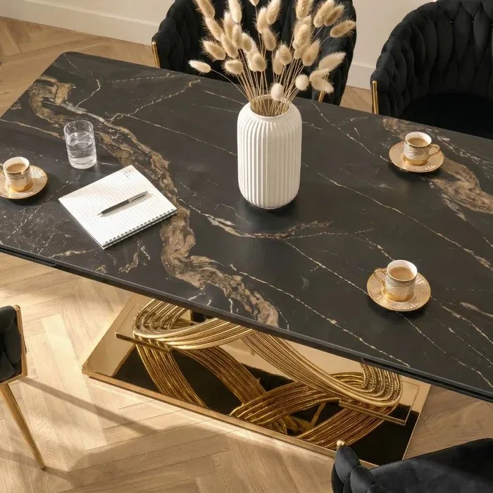 Stół Rozkładany Prostokątny IBIZA 160-240 cm Ceramiczny Czarny Marmur/Złoty do Jadalni Glamour