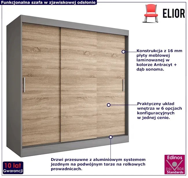 Szafa przesuwna 200 cm antracyt + dąb sonoma L7-P12