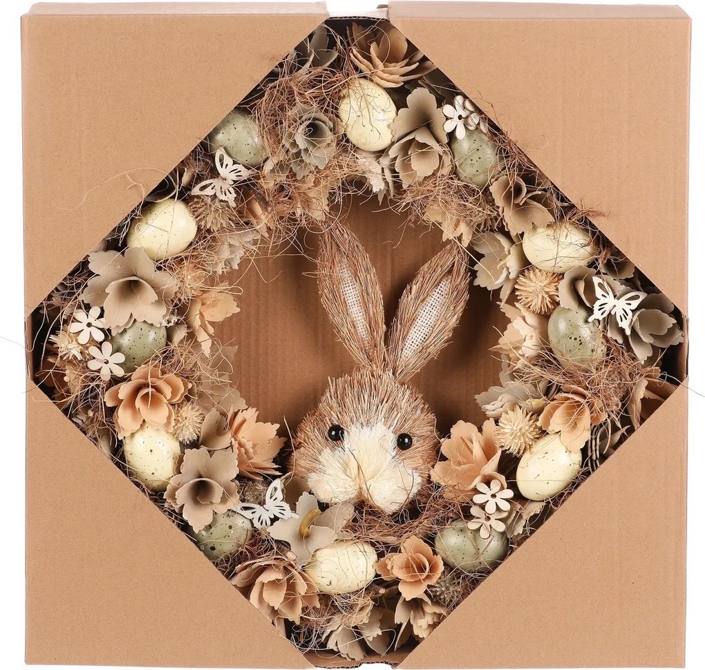 Wieniec wielkanocny Brązowy zając z kwiatami i jajkami, śr. 45 cm, 45 x 45 x 9 cm