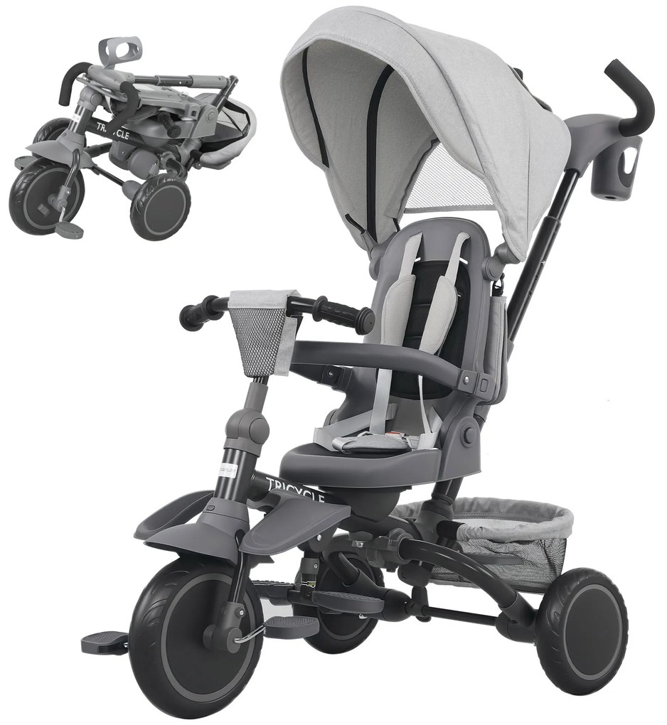 AIYAPLAY Dziecięcy trójkołowiec 6-w-1, wózek dla maluchów z uchwytem do pchania, regulowane siedzisko, składana konstrukcja, siatka zabezpieczająca, szary
