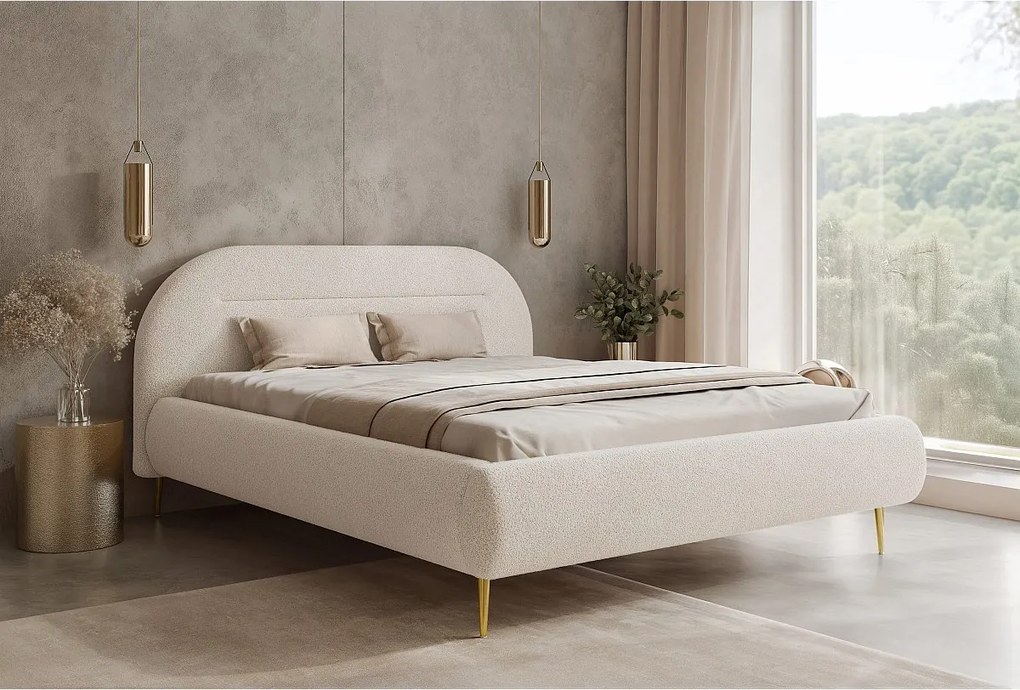 BESILIO Nowoczesne łóżko z pojemnikiem 180x200 Apolline II - łóżko zaokrąglone wezgłowie, miękka tkanina pluszowa, łóżko na wysokich nogach- Kremowy
