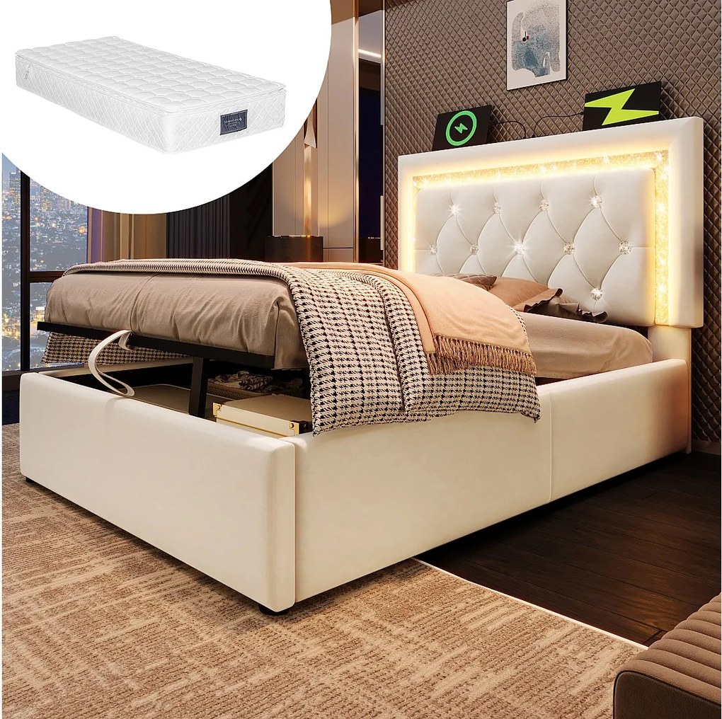 Łóżko tapicerowane, jednoosobowe, ze schowkiem - 90 x 200 cm - zagłówek z diodami LED + porty USB i typu C - schowek hydrauliczny - aksamit - beżowe (z materacem)