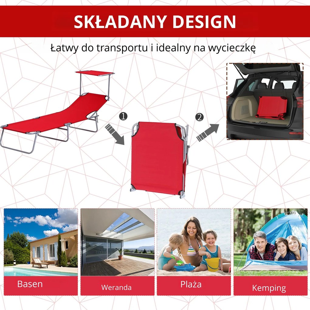 Outsunny Leżak ogrodowy składany z daszkiem przeciwsłonecznym na plażę czerwony | Aosom PL