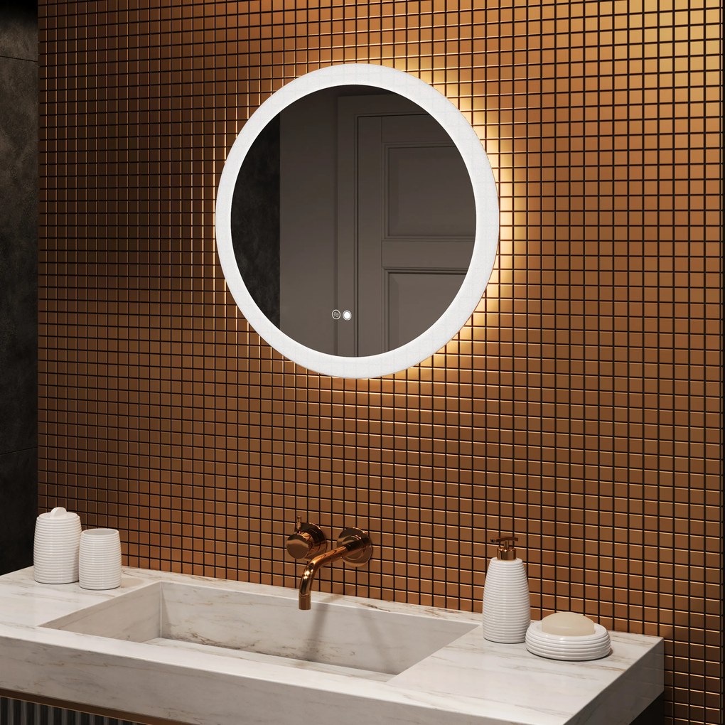 Lustro okrągłe LED do łazienki 60 cm z Dual Color, włącznikiem dotykowym i matą grzewczą